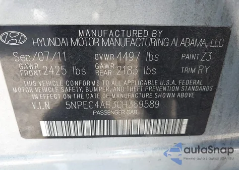 2012 Hyundai Sonata Se 2.0T from USA, damaged, VIN 5NPEC4AB3CH369589